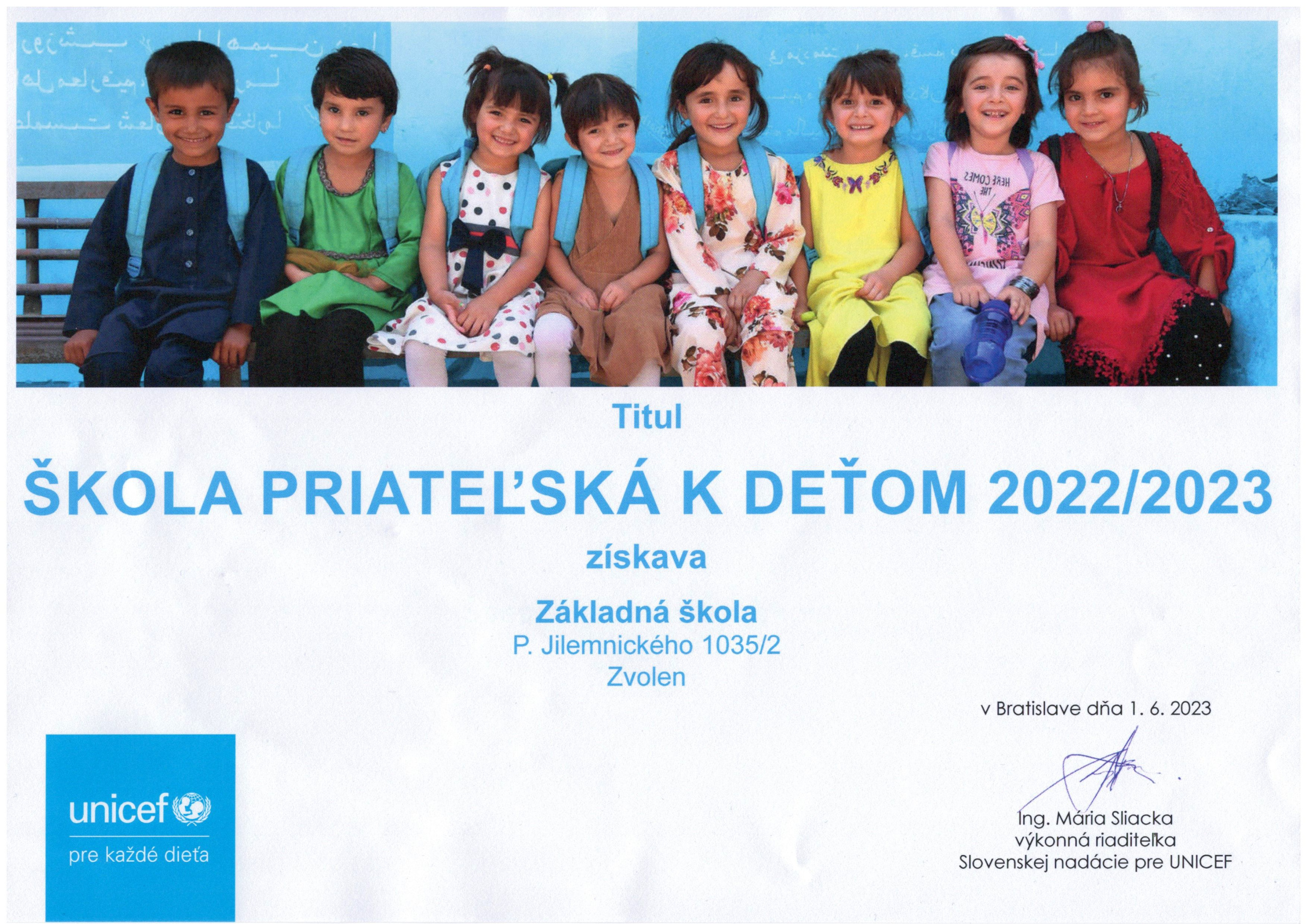 Titul Škola priateľská k deťom 2022/2023