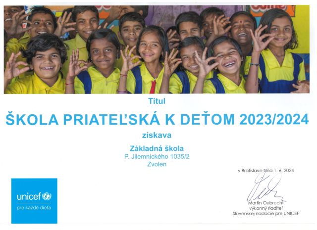 Read more about the article Titul Škola priateľská k deťom 2023/2024